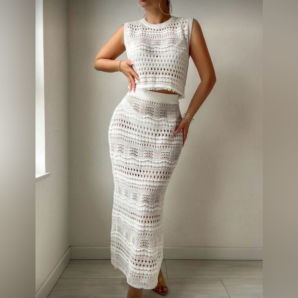 SHEIN White Crochet Skirt Set